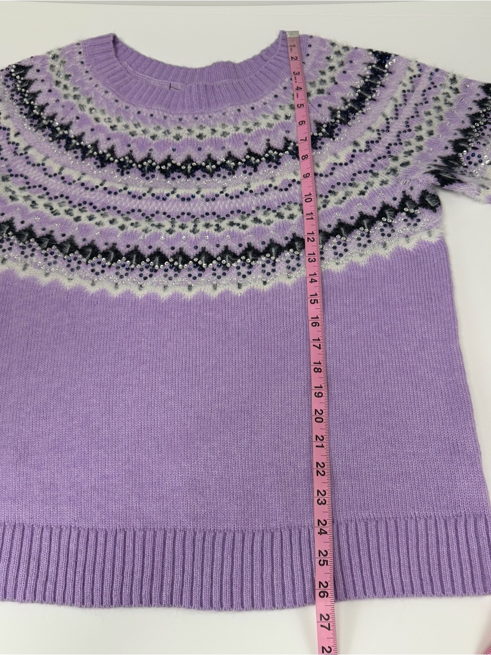 Talbots Sweater Womens 1X Purple Rhinestone Knit Wool Blend Fair Isle Crew NWOT - Picture 8 of 8